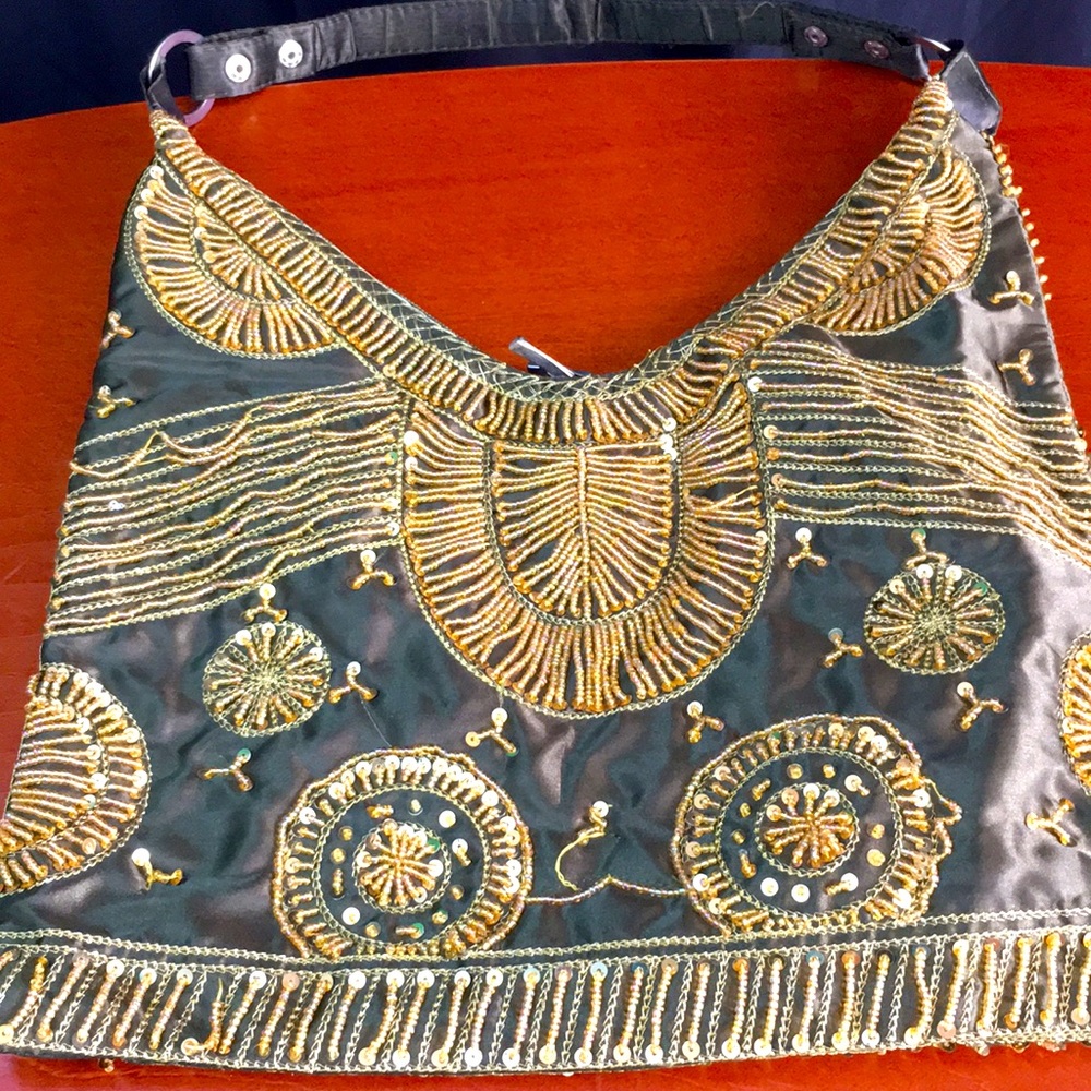 Olive green, gold handed beaded purse